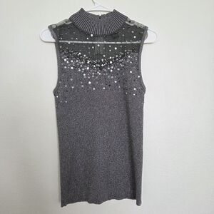 Lauren Michelle Metallic Gray Mock-neck Ribbed Top W/ Sequin Size Large